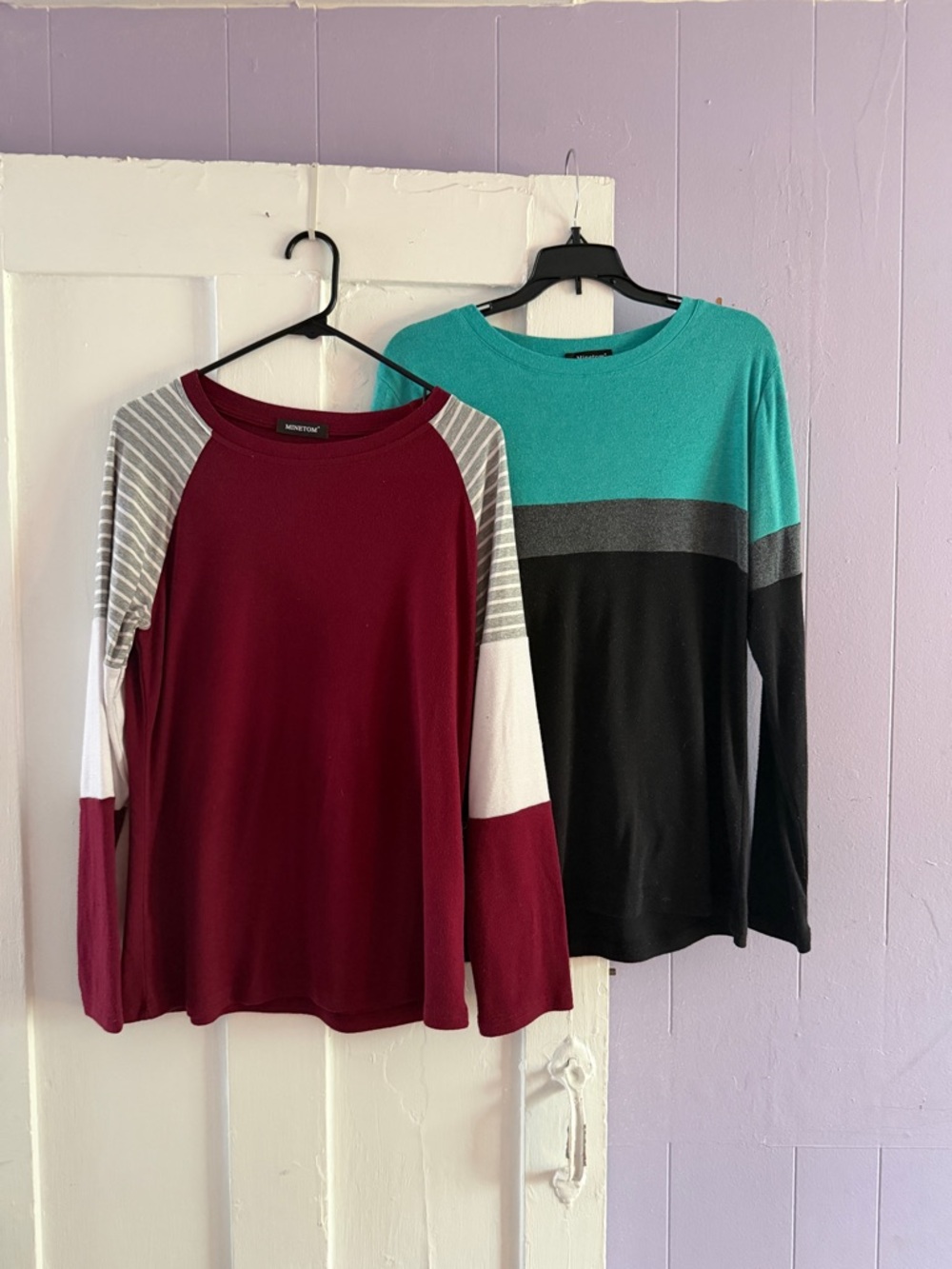 Burgundy Raglan Long Sleeve Top with Striped Sleeves - Womens